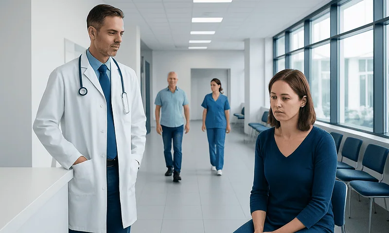 Doctor consulting a patient in a hospital corridor at Acibadem Hospitals Group.