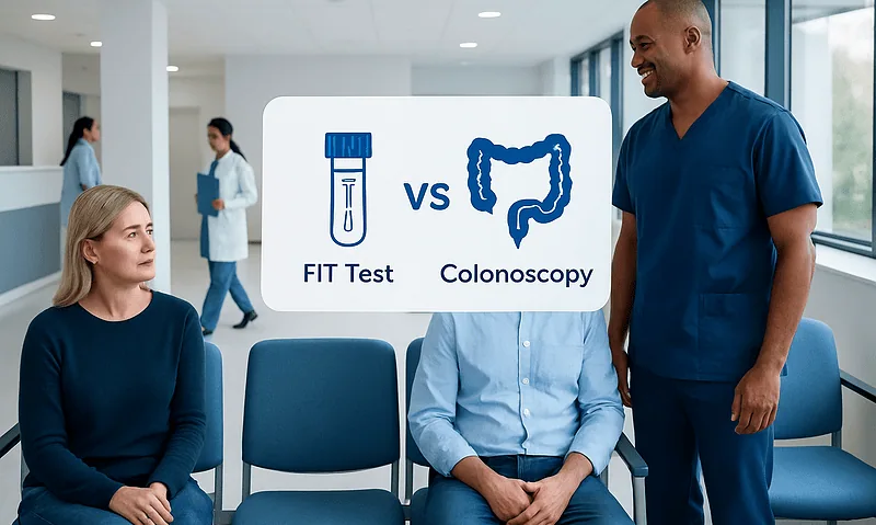 Medical professionals discuss FIT Test and Colonoscopy in a hospital waiting area.