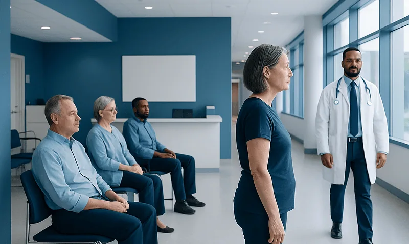 Medical consultation in a modern hospital waiting area with a doctor and patients.