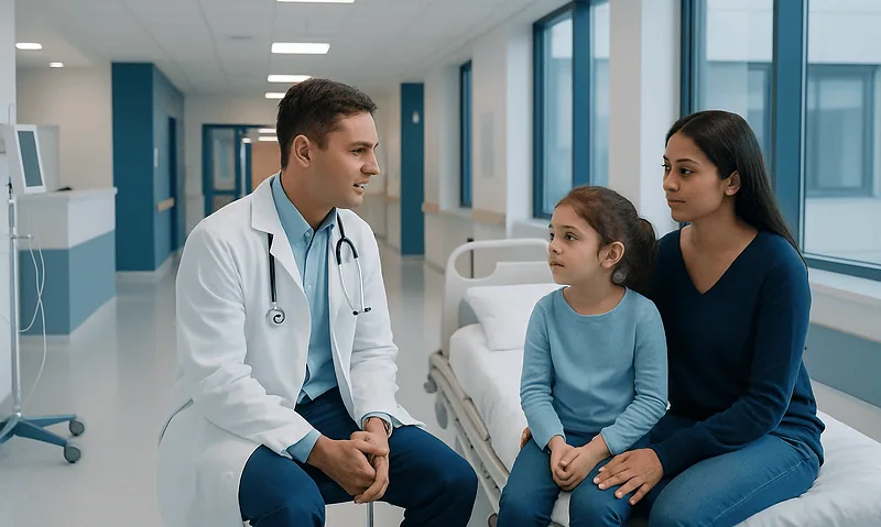 Doctor consulting a young girl and her mother in a hospital corridor.