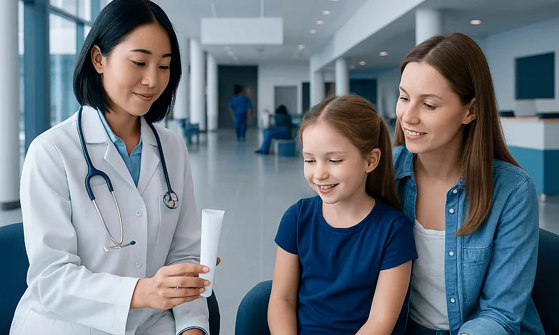 Pediatrician explaining dental health to a young girl and her mother in a hospital.