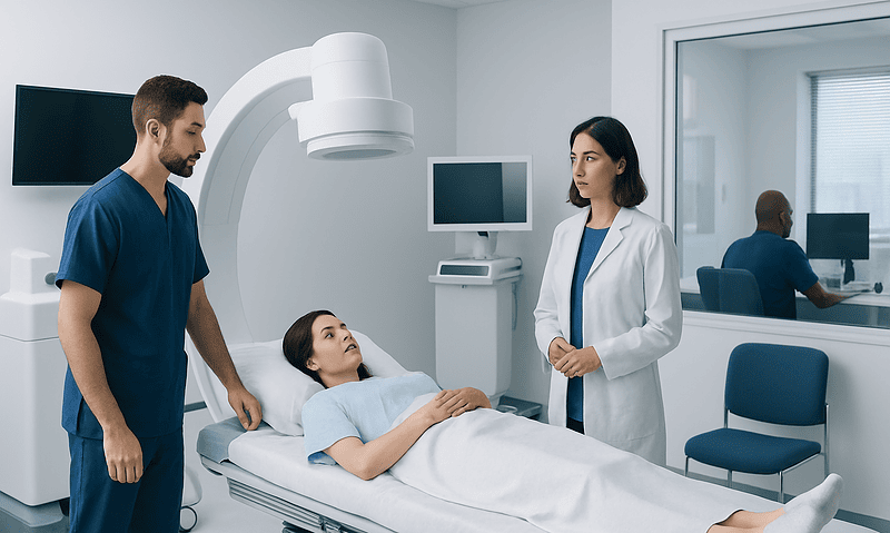 Medical professionals preparing a patient for a fluoroscopy procedure in a hospital room.