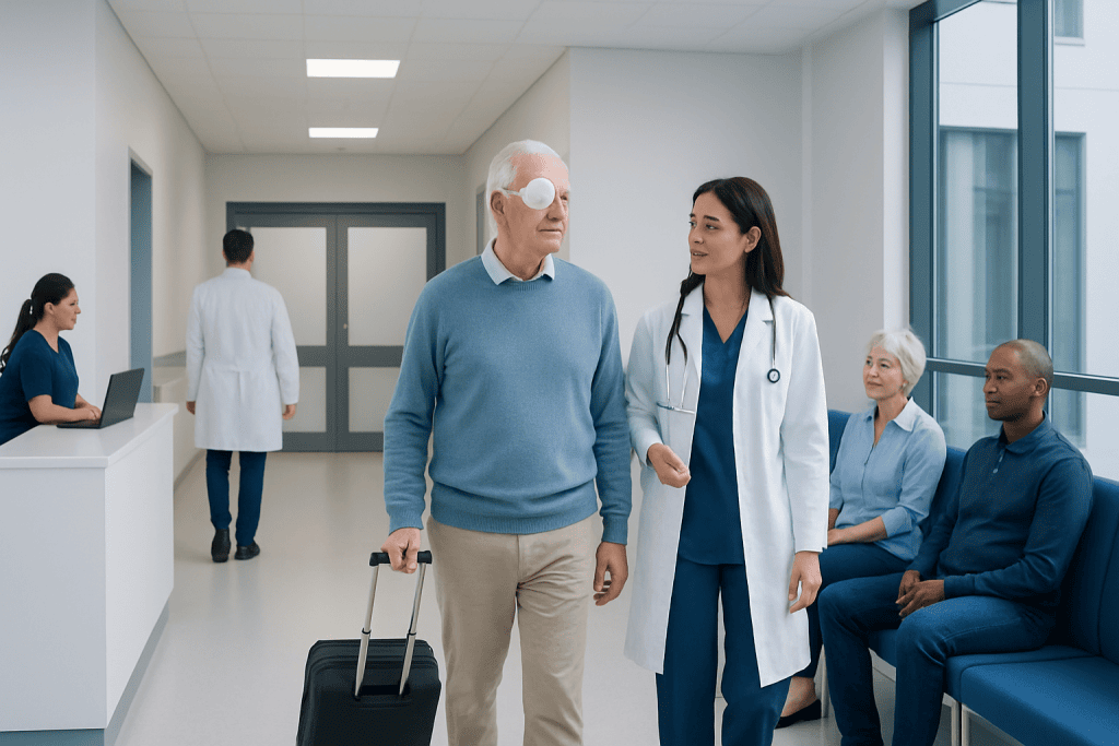 Flying After Cataract Surgery: When Is It Safe to Fly? 1 Senior man with luggage talking to a female doctor in hospital corridor.