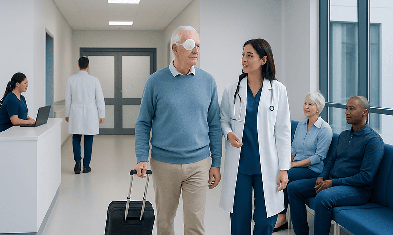 Senior man with luggage talking to a female doctor in hospital corridor.