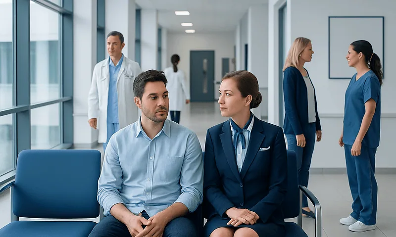 Patients waiting in a hospital corridor with medical staff nearby.