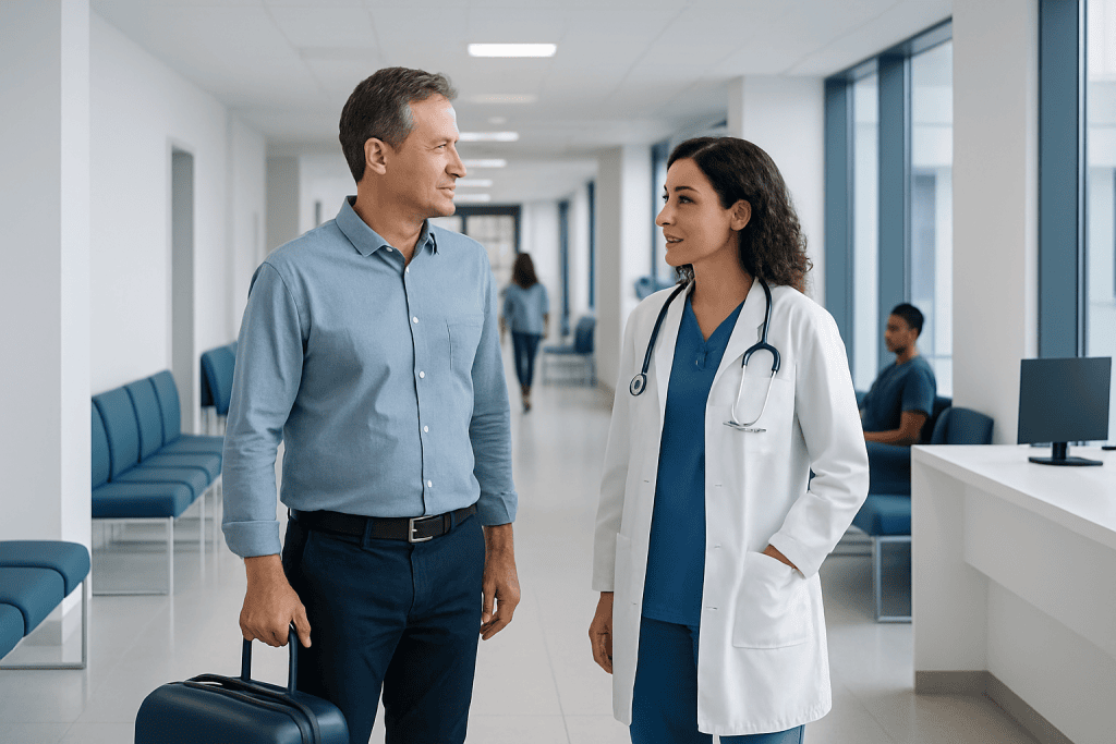 Flying After Gallbladder Surgery: Timing and Precautions 1 Patient talking to doctor in hospital corridor after gallbladder surgery.
