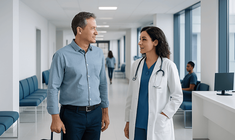 Patient talking to doctor in hospital corridor after gallbladder surgery.