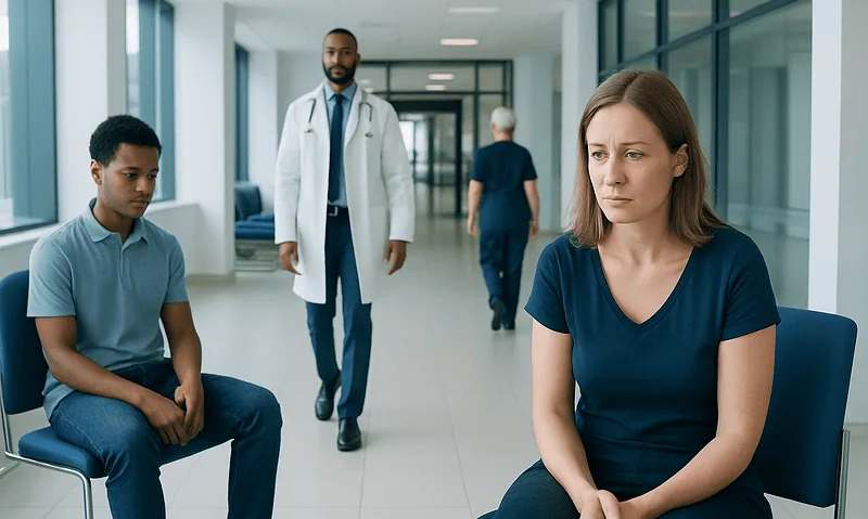 Patient experiencing anxiety in a hospital corridor with medical staff nearby.