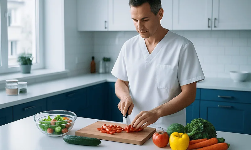 Male chef preparing vegetables in a modern kitchen for healthy eating.