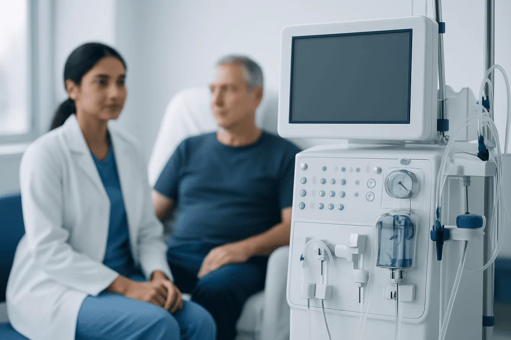 Medical consultation with a doctor and patient in a hospital room.