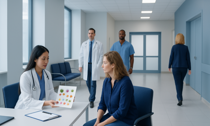 Medical consultation in a hospital corridor with healthcare professionals and patient.