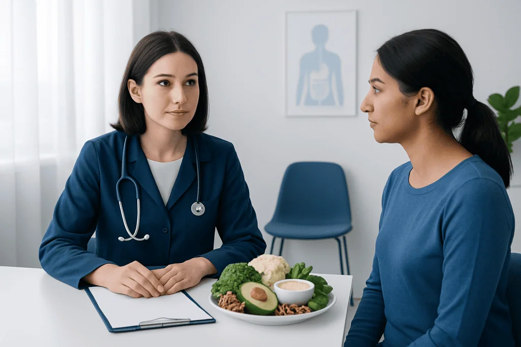 Doctor consulting patient about nutrition and minerals in a clinical setting.