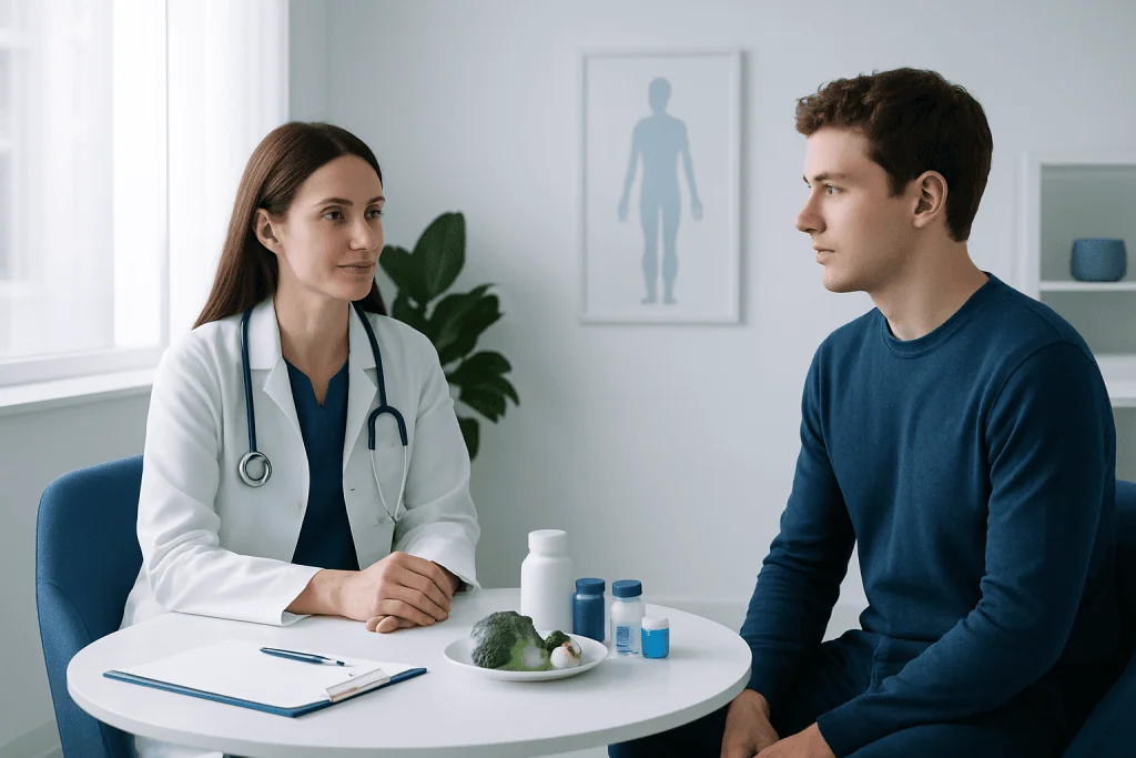 Doctor consulting patient in a medical office with health supplements on the table.