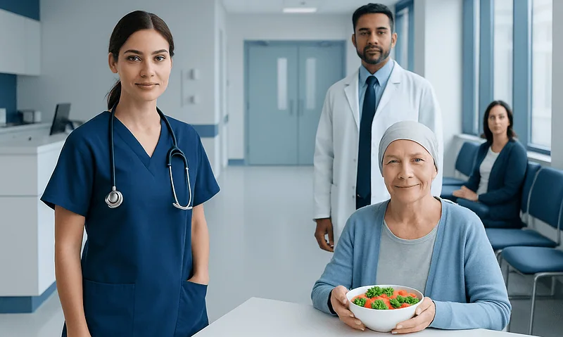 Healthcare professionals with a patient in a hospital corridor.