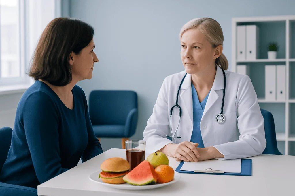 Doctor consulting a patient about healthy eating and diet plans.