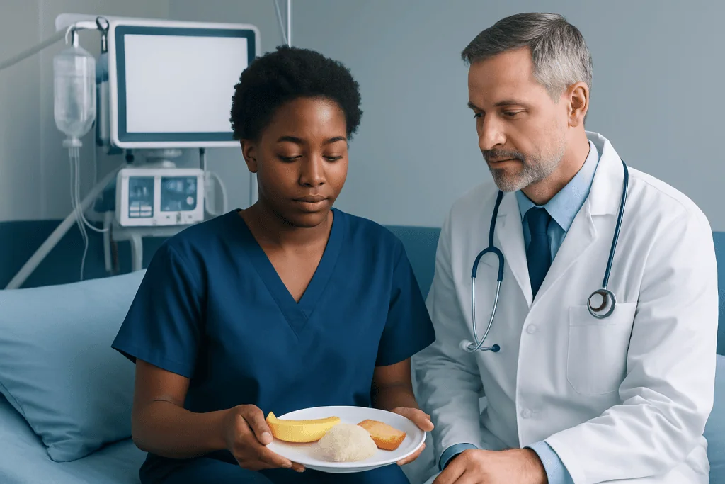 Healthcare professionals discussing patient meal options in hospital setting.