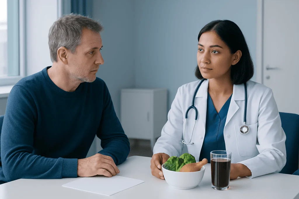 Doctor consulting with patient about diet and health in a medical office.