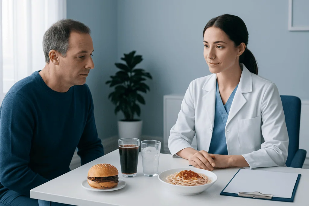 Doctor discussing dietary options with patient after dental treatment.
