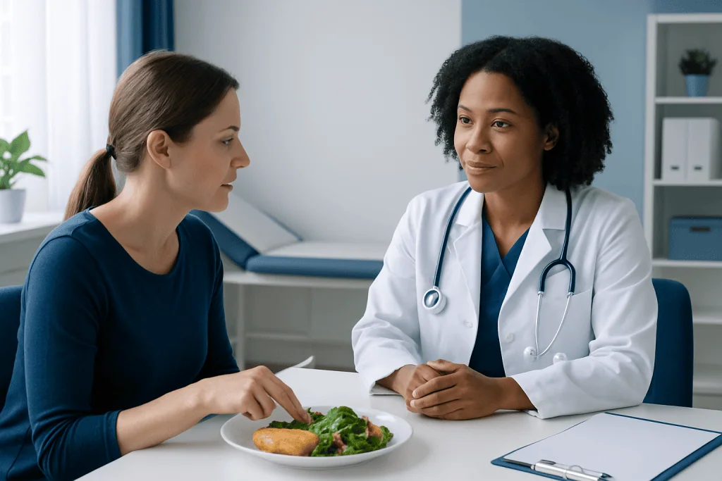Doctor discussing diet with patient in a clinical setting.