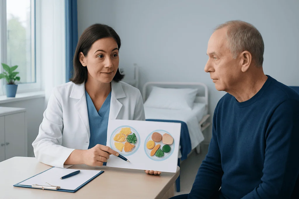 Doctor explaining soft diet options to a patient with visual aids.
