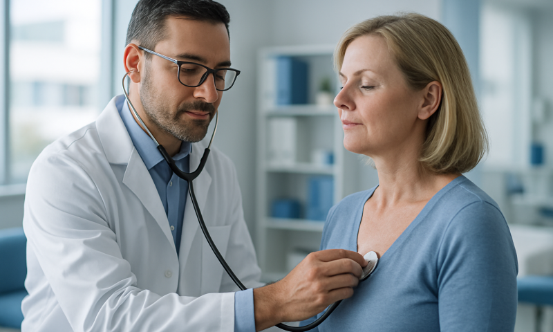 Doctor examining a woman with a stethoscope in a medical clinic.