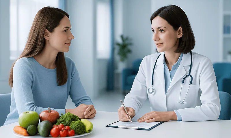 Doctor consulting with a patient about healthy foods and nutrition.