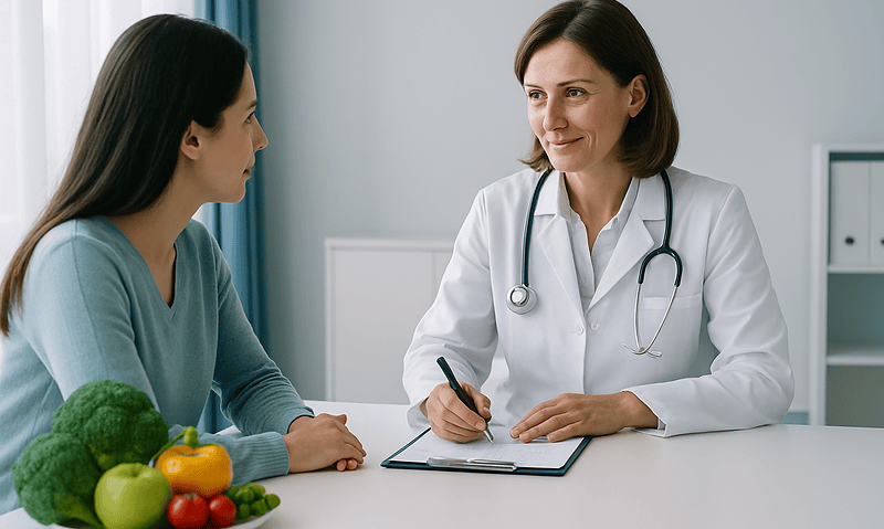 Doctor consulting with a patient about health in a medical office.