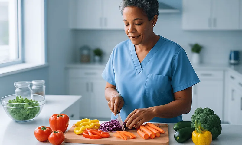 Woman preparing fresh vegetables in a modern kitchen for a healthy meal.
