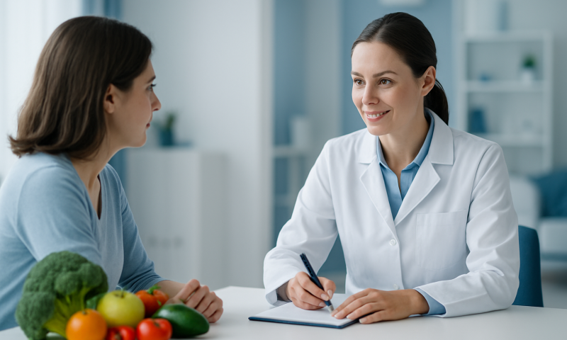 Doctor consulting a patient about vitamin-rich foods in a clinical setting.