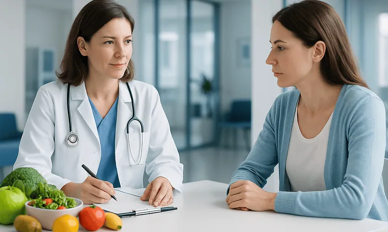Doctor consulting with a patient in a modern hospital setting.
