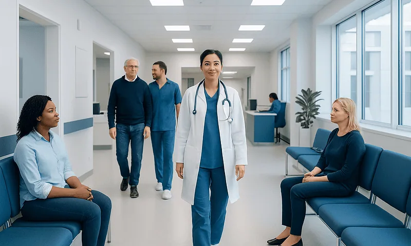 Healthcare professionals and patients in a modern hospital corridor.