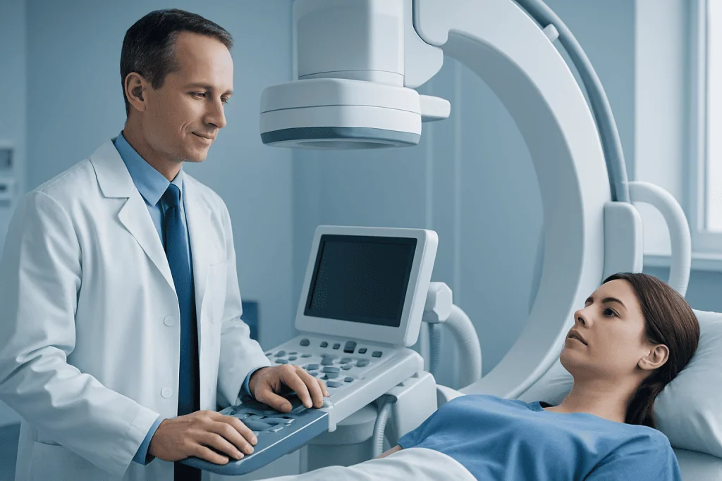 Doctor performing an MRI scan on a patient in a hospital setting.