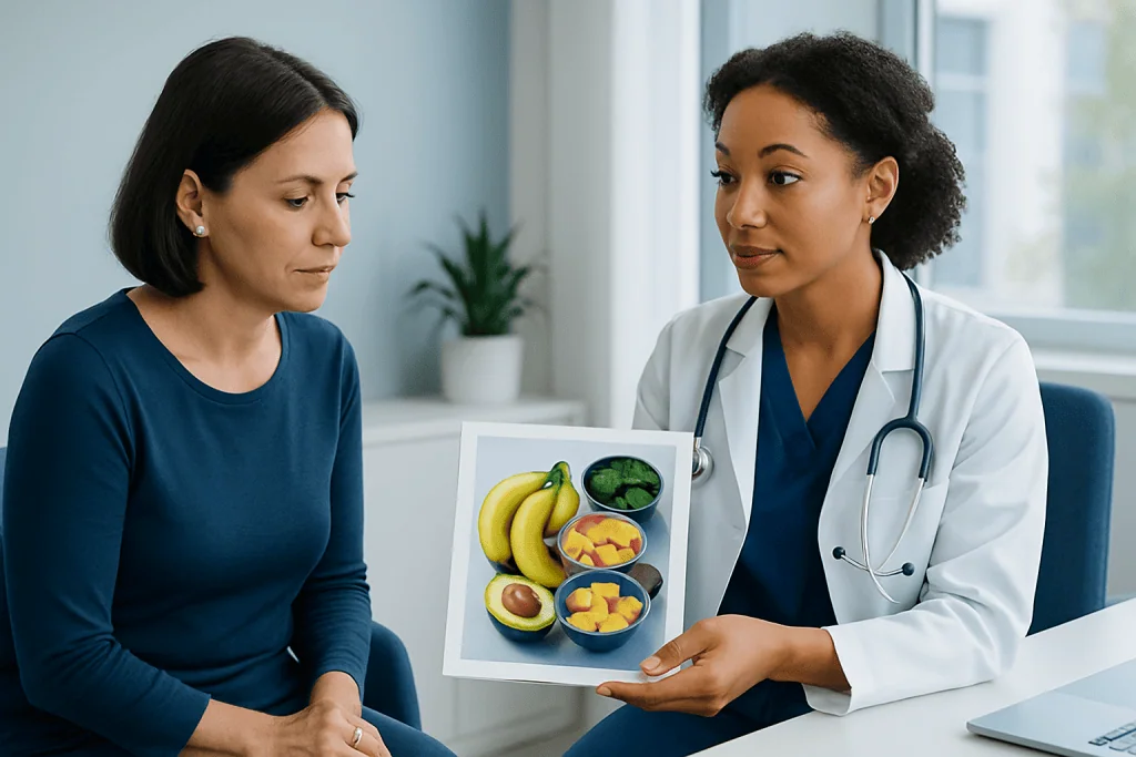 Doctor explaining high potassium foods to patient with fruit images.