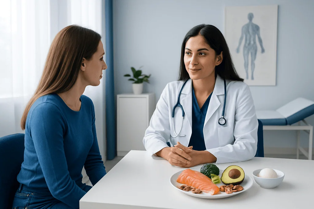 Doctor consulting patient with healthy foods on table at clinic.