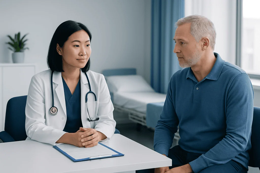 Doctor consulting with a male patient in a hospital room.