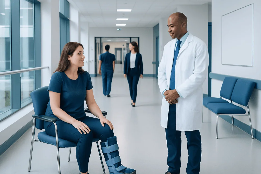 Foot Brace: An Evidence-Based Patient Guide 1 Patient with leg brace consulting with doctor in hospital corridor.