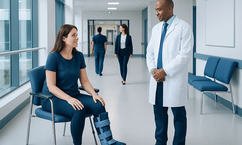 Patient with leg brace consulting with doctor in hospital corridor.
