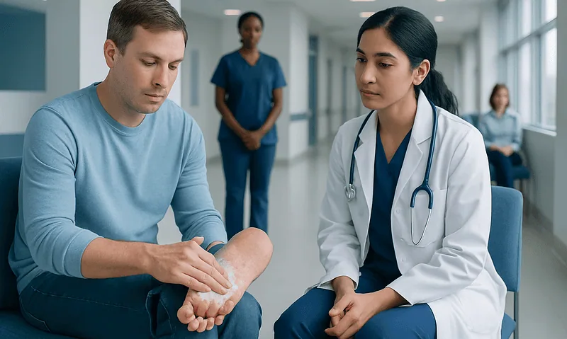 Doctor examining patient's foot in a hospital corridor.