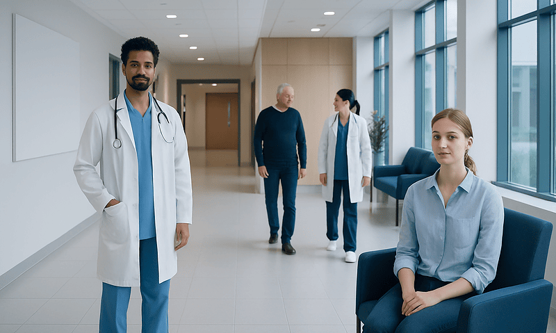 Medical team consulting with patient in hospital corridor at Acibadem Hospitals.