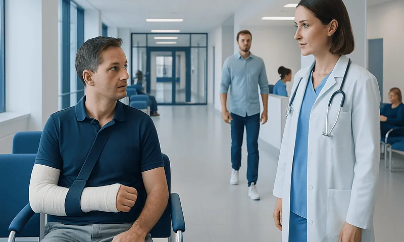 Patient with arm injury consulting with doctor in hospital corridor.