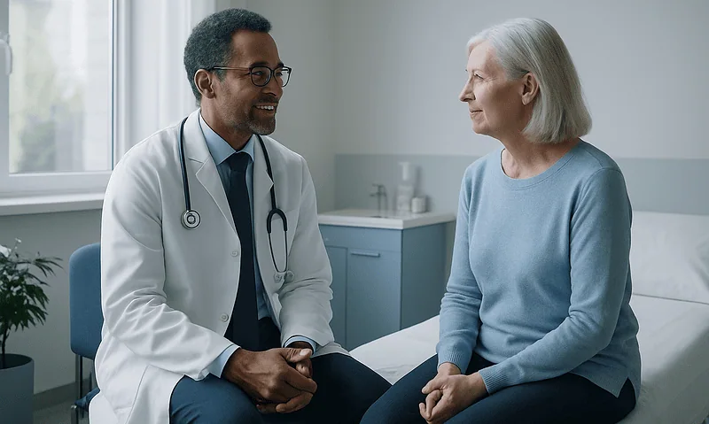 Doctor consulting with elderly patient in a medical office.