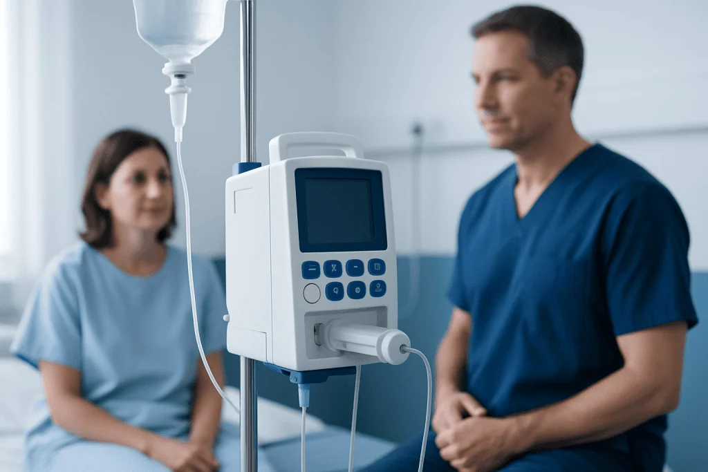 Medical professionals in a hospital room with IV and monitoring equipment.