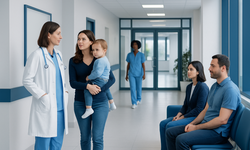 Healthcare professionals and patients in a hospital corridor at Acibadem Hospitals Group.
