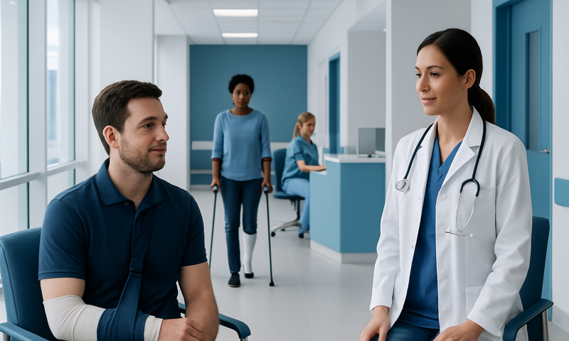 Patient consulting with doctor in hospital corridor.