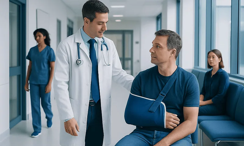 Doctor consulting with patient with arm injury in hospital corridor.