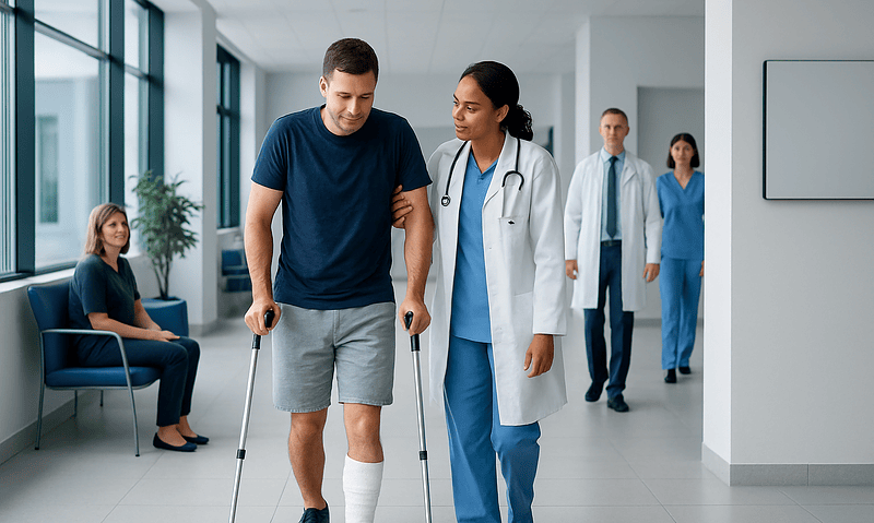 Fractured Tibia Treatment: How It Works, Results and What to Expect 5 Patient with leg injury walking with crutches in hospital corridor.