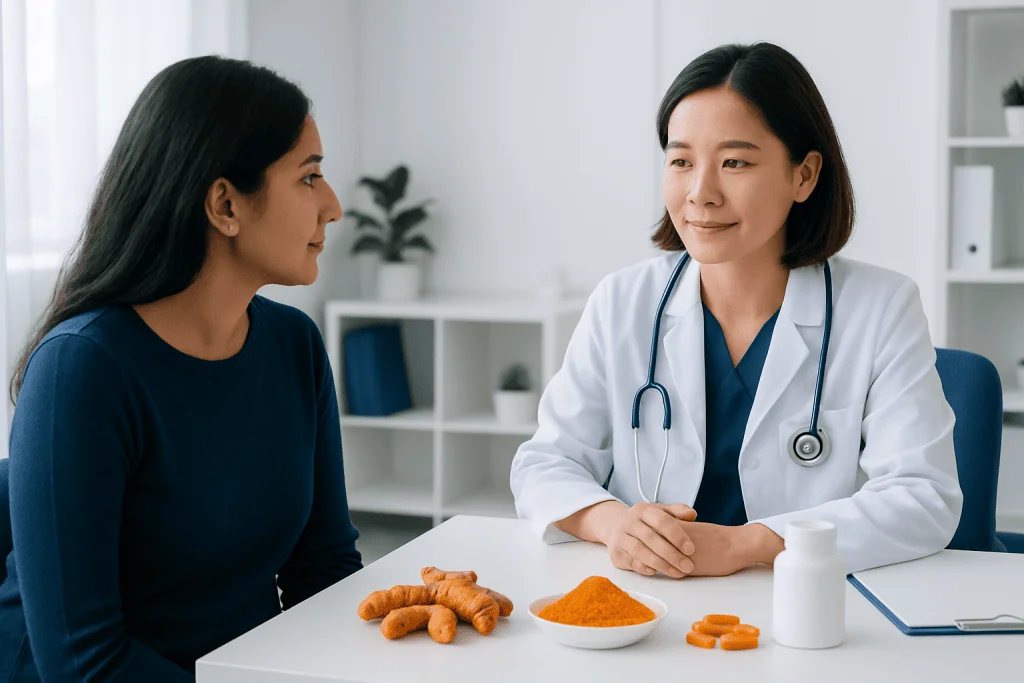 Doctor discussing turmeric benefits with patient in a clinic setting.