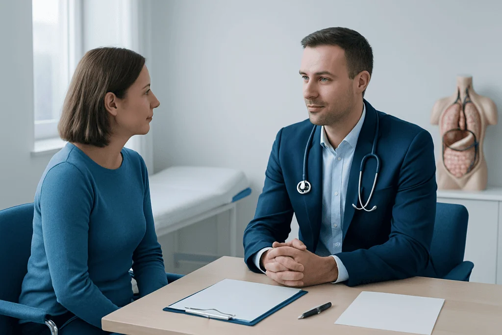 Doctor consulting with a female patient in a medical office.