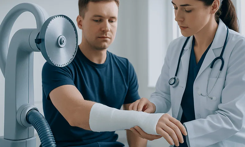 Medical professional examining patient's arm with a cast in hospital setting.