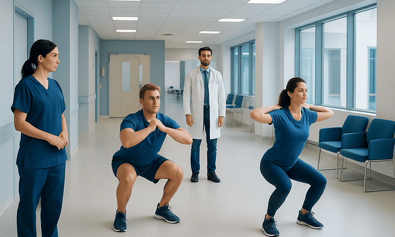 Physical therapy session with two patients and a doctor in hospital corridor.
